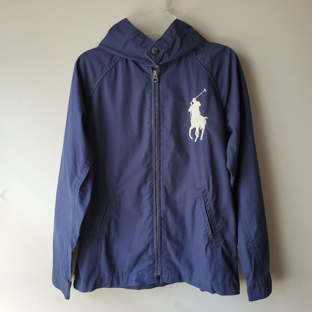 Polo Ralph Lauren Boy's Big Pony Hooded Windbreaker Jacket, Navy Blue, M (10-12)